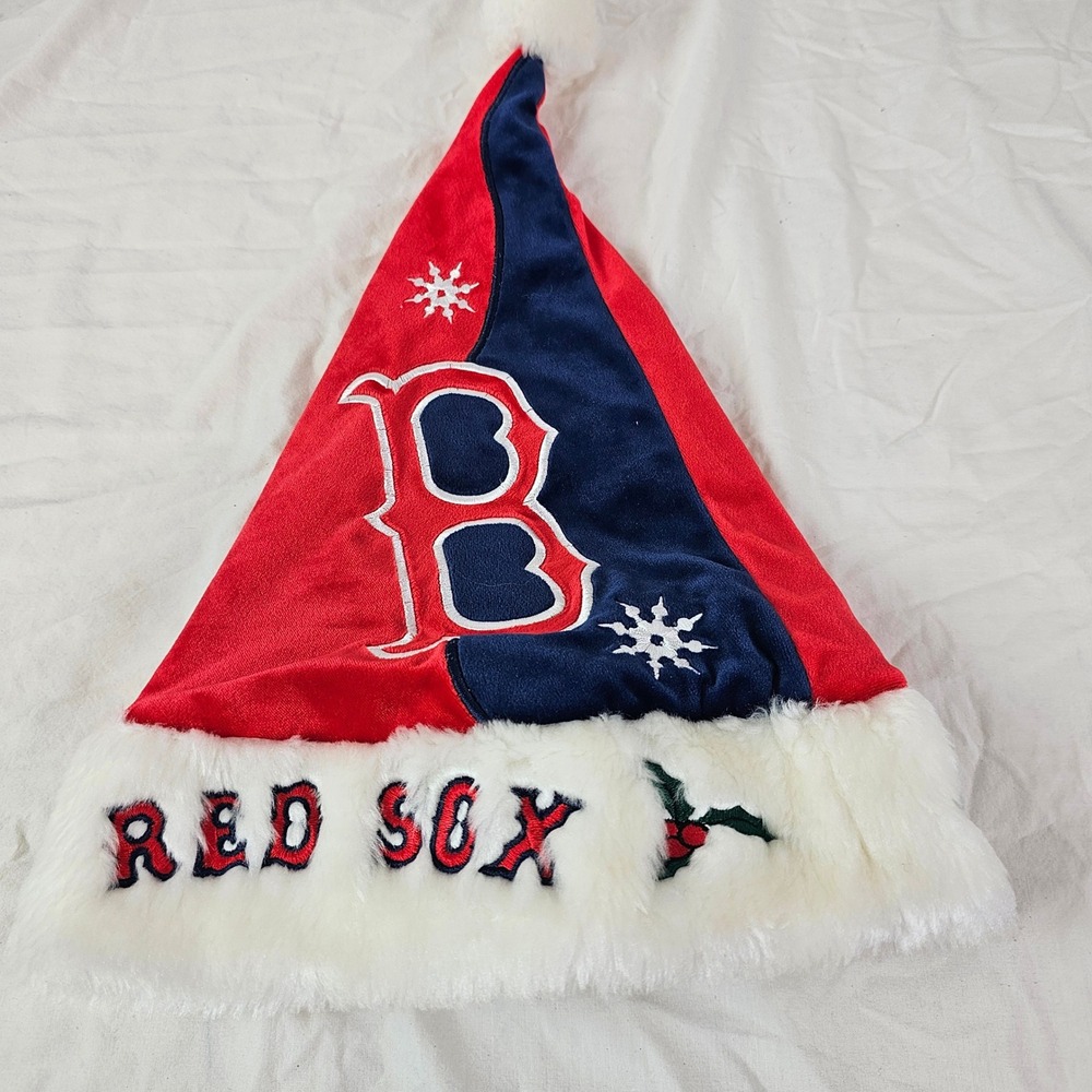 Boston Red Sox MLB Santa Hat Christmas Plush Faux Fur Red Navy Blue B Logo